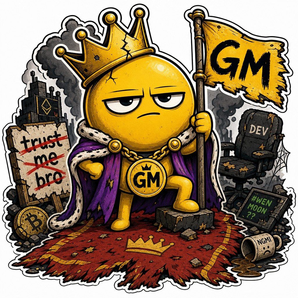 GMFAM rug survivor mascot standing in a chaotic crypto wasteland