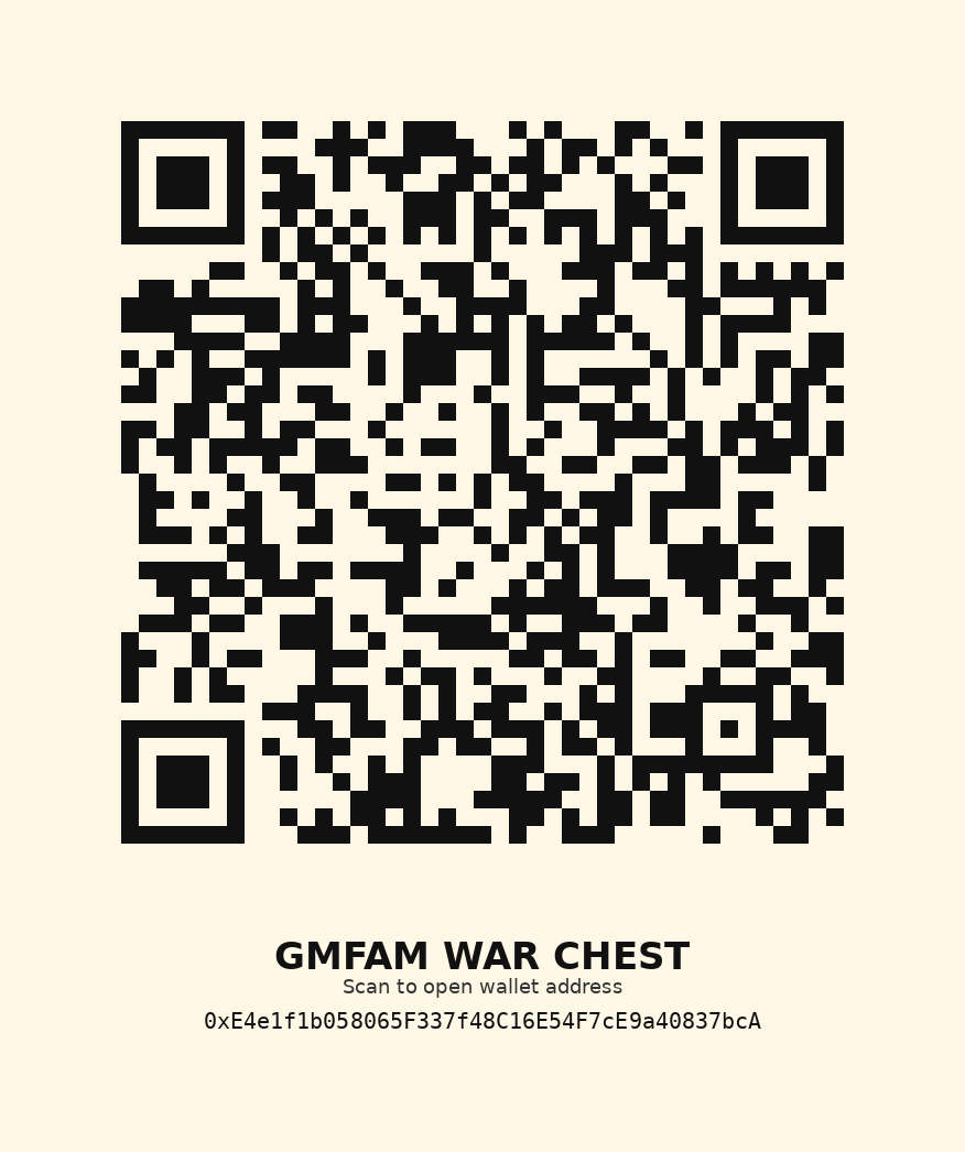 QR code for GMFAM war chest wallet address 0xE4e1f1b058065F337f48C16E54F7cE9a40837bcA